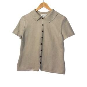 St. John Beige Knit Button Down Collared Top SZ 10